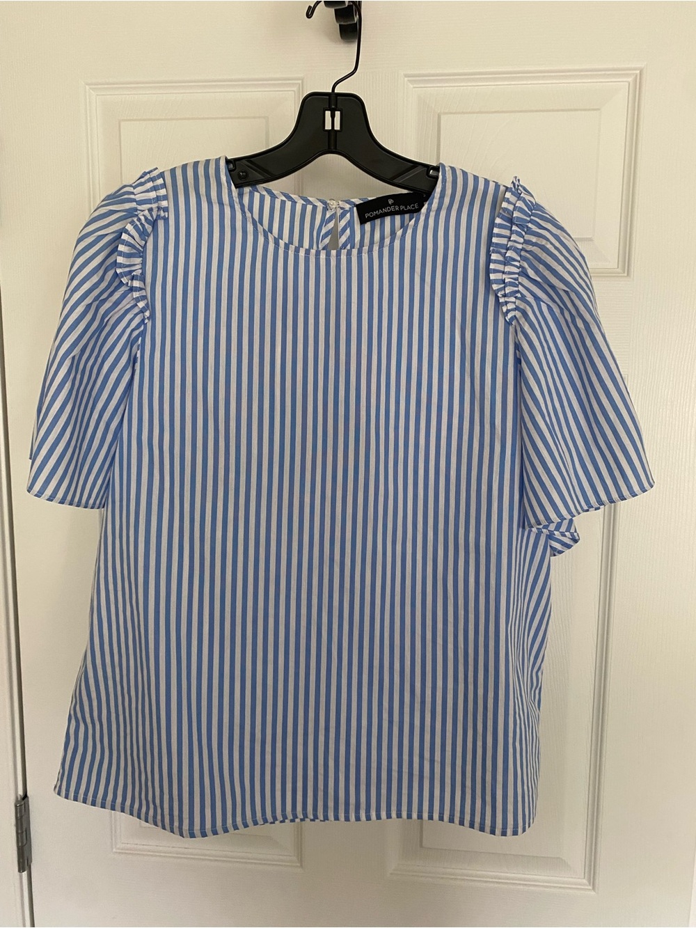 Pomander Place-  Light Blue & White Striped Puff Sleeve Dress